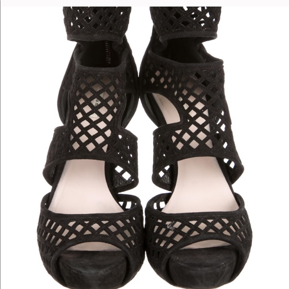 Miu Miu Black Suede Lasercut Cage Platform Heel - image 1